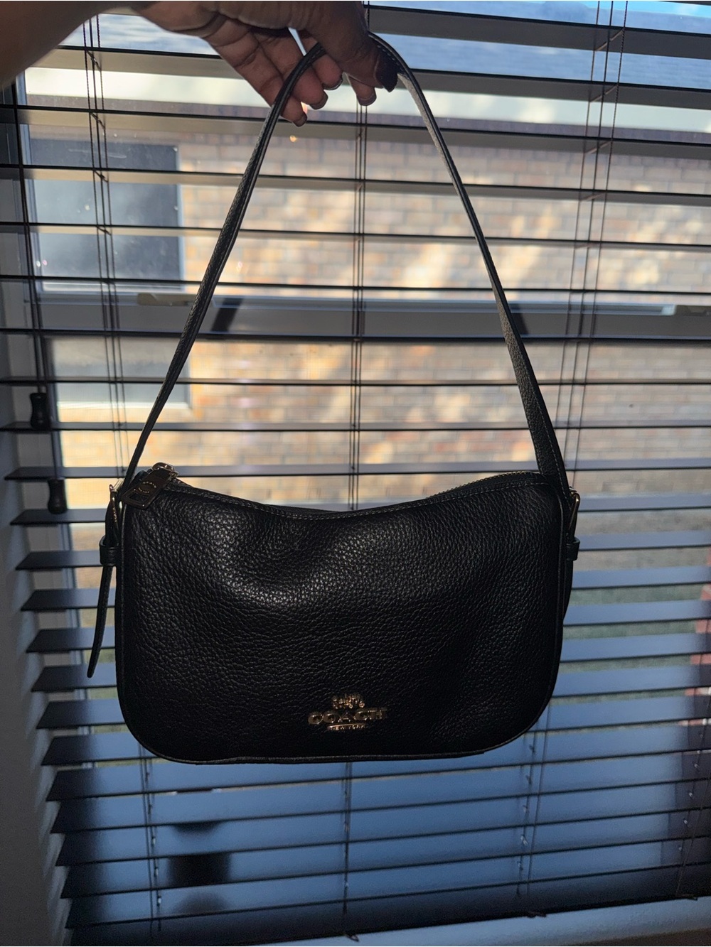 Coach Kailey Black Pebbled Leather Small Shoulder Bag with Gold Logo